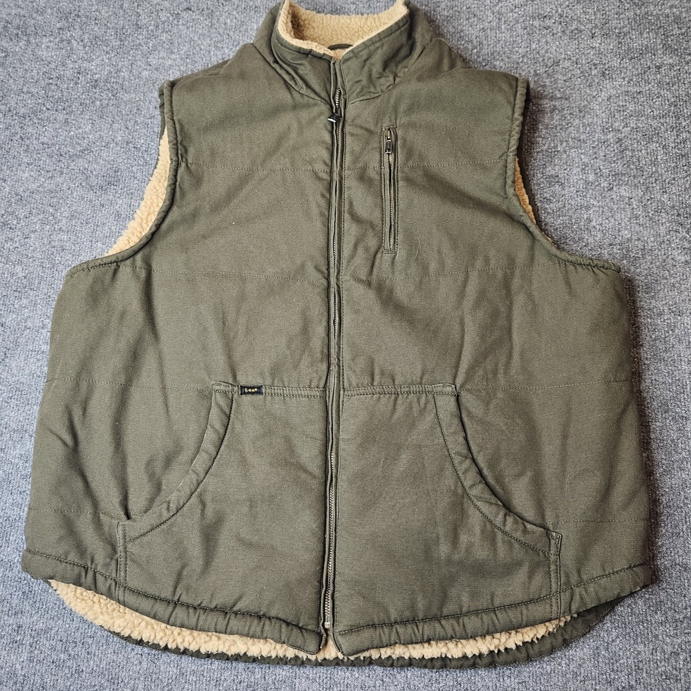 Lee Mens Canvas Vest Sherpa Lined Workwear Size Large Green Utility